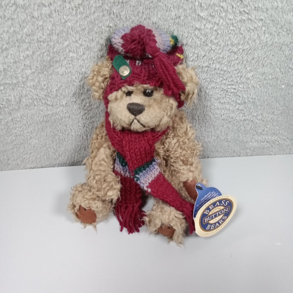 Brass Button Bears Dooley Bear of Serenity Jointed Plush Hat Scarf Vintage Tan